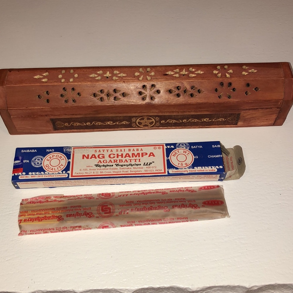 Hand carved wooden incense box, 2 cone/2 stick holder & box of 8 sticks -NWOT